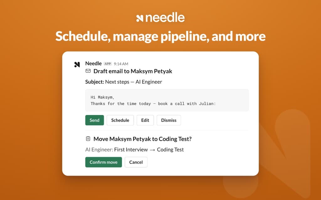 Needle drafting a candidate email and proposing a pipeline stage move, ready to confirm from Slack