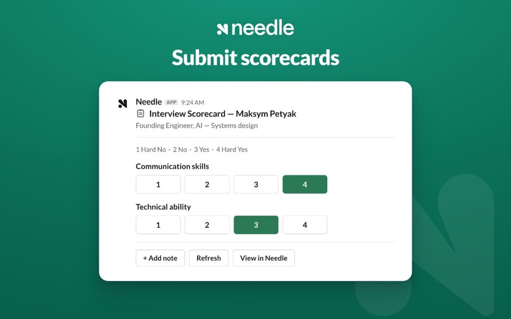 An interview scorecard submitted directly in Slack, rating communication skills and technical ability