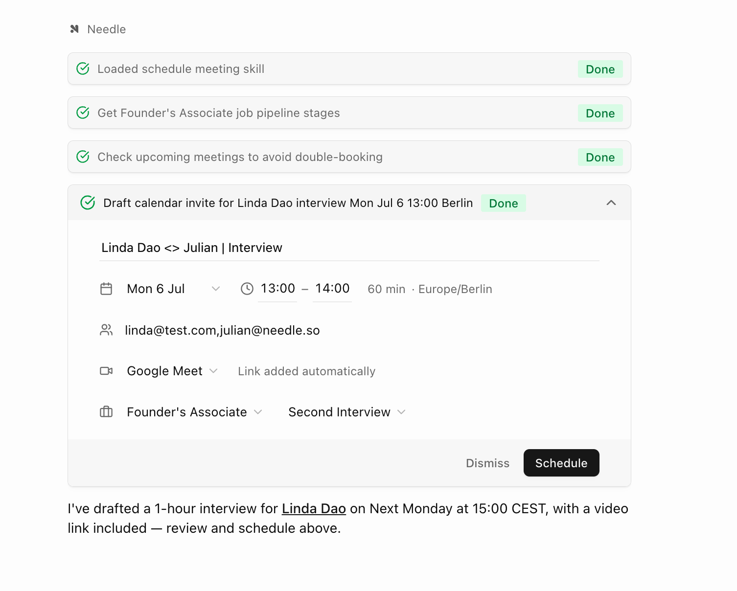 Needle drafting a calendar invite: it loads the scheduling skill, checks the pipeline stage, avoids double-booking, and drafts the invite for review